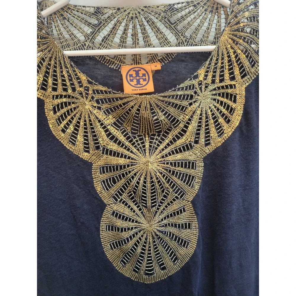 Tory Burch‎ Womens Blue 100% Linen Gold Sequence Scoop Neck Blouse Sz M